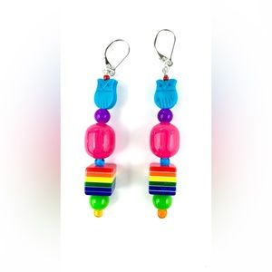 Made by me! 80’s-Inspired Colorful Rainbow Leverback Dangle Drop Earrings Owls